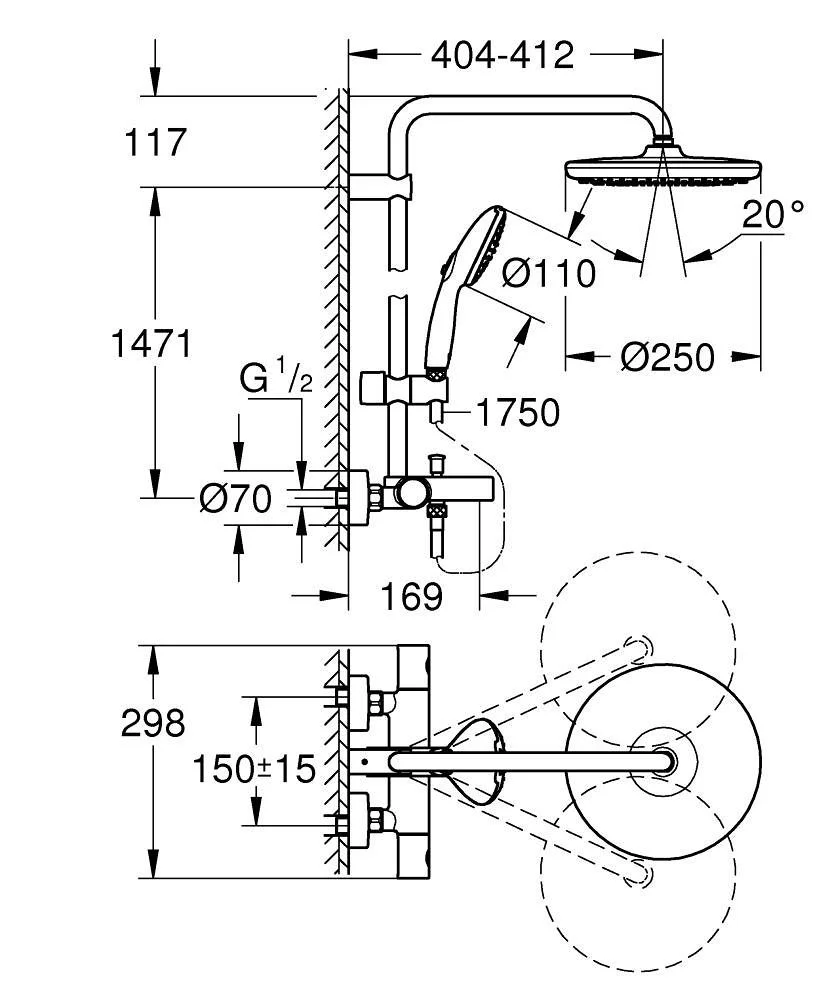 Душевая система с термостатом для ванны, хром Grohe Tempesta System 250 26672001