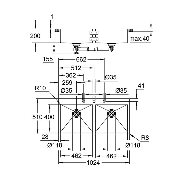 Мойка K800, c 2 чашами, 1024х510, нержавеющая сталь Grohe 31585SD1