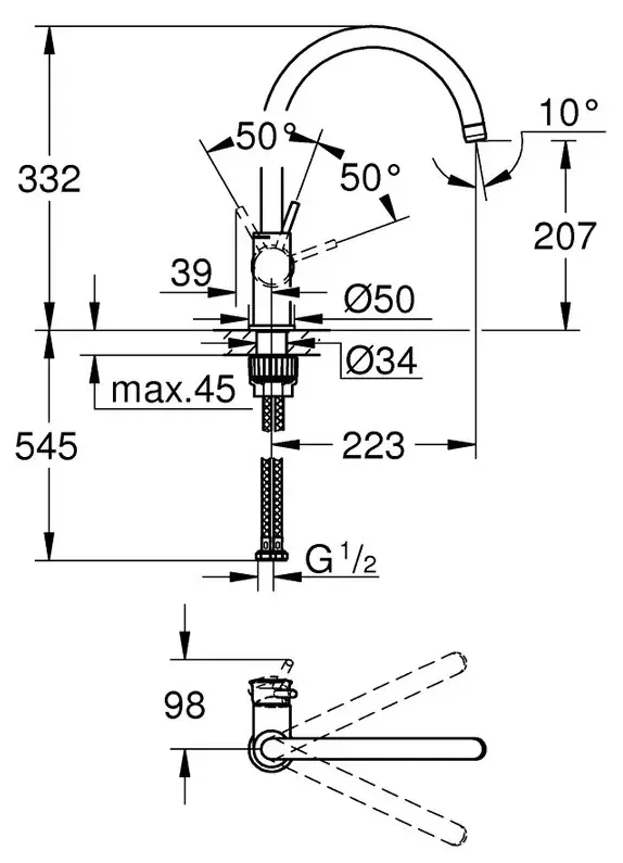 Смеситель для кухни, высокий излив, хром Grohe BauClassic 31234001