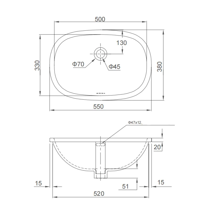 Раковина встраиваемая снизу 55, белая SSWW SACP222C-055-1