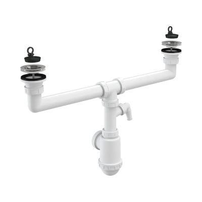 Сифон для двойной мойки с нержавеющими решетками d70 и подводкой Alcaplast A449P-DN50/40