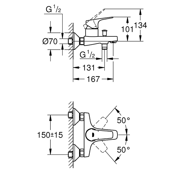 23756000архив BauFlow Смеситель для ванны однорычажный настенный монтаж DN15