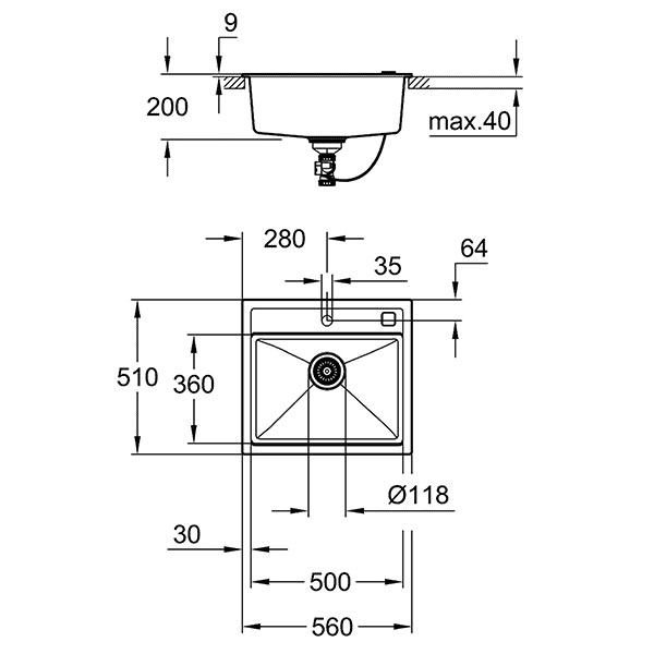 Мойка K700, композитная, 560x510, серый гранит Grohe 31651AT0
