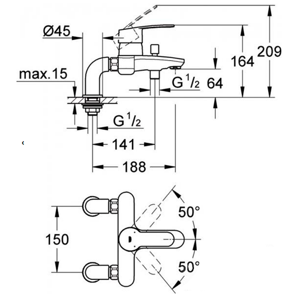 Смеситель для ванны, вертикальный монтаж, хром Grohe Eurostyle Cosmopolitan 33612002