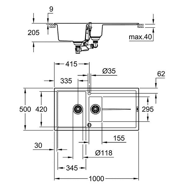 Мойка K400, композитная, с 1,5 чашей, 1000x500, серый гранит Grohe 31642AT0