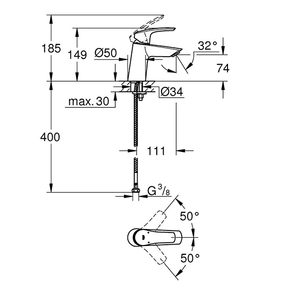 Смеситель для раковины, размер S, хром Grohe Eurosmart 23967003
