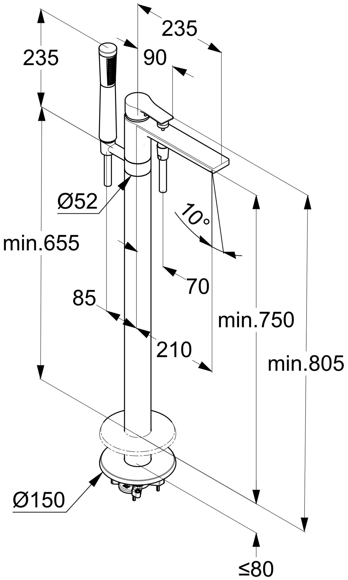 Смеситель для ванны, напольный, хром Kludi Zenta SL 485900565