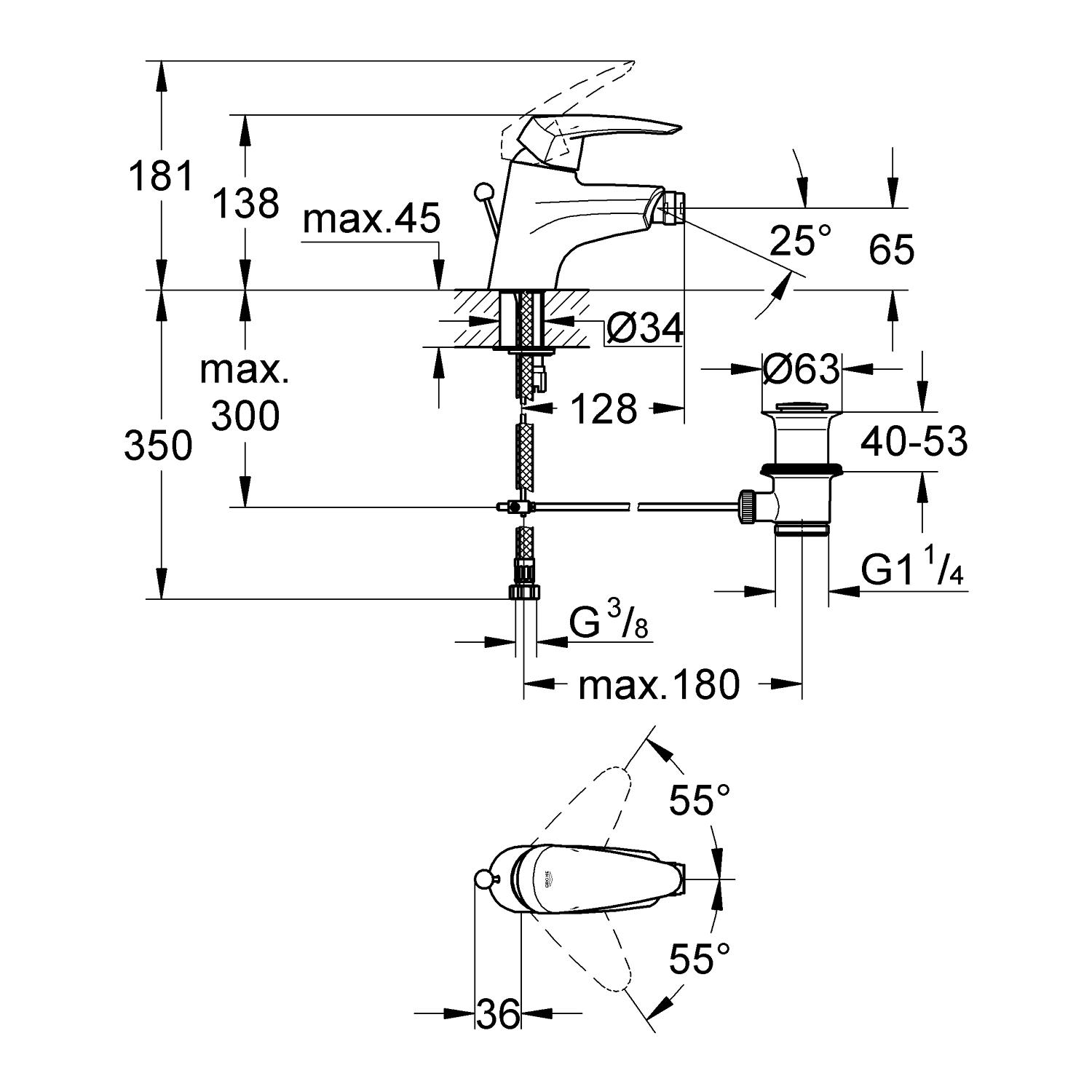 Смеситель для биде с донным клапаном, хром Grohe Eurodisc 33244001