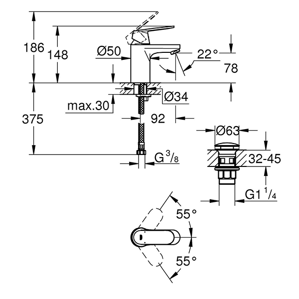 Смеситель для раковины, однорычажный, хром Grohe Eurosmart Cosmopolitan 23925000