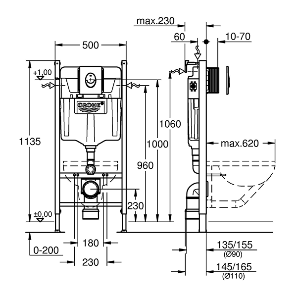 Инсталляция GROHE Rapid SL для подвесного унитаза 38745001