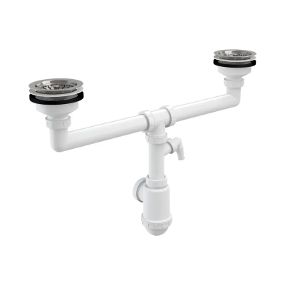 Сифон для двойной мойки с нержавеющей решеткой d115 и подводкой Alcaplast A453P