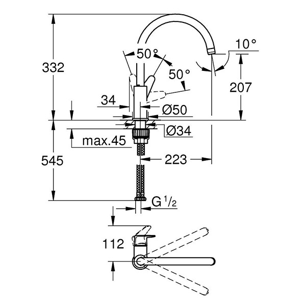 Смеситель для кухни, высокий излив, хром Grohe BauCurve 31231001