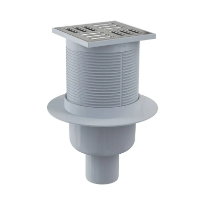 Трап точечный для пола 105x105/50, нижний слив, решетка нерж. сталь, гидрозатвор Alcaplast APV2